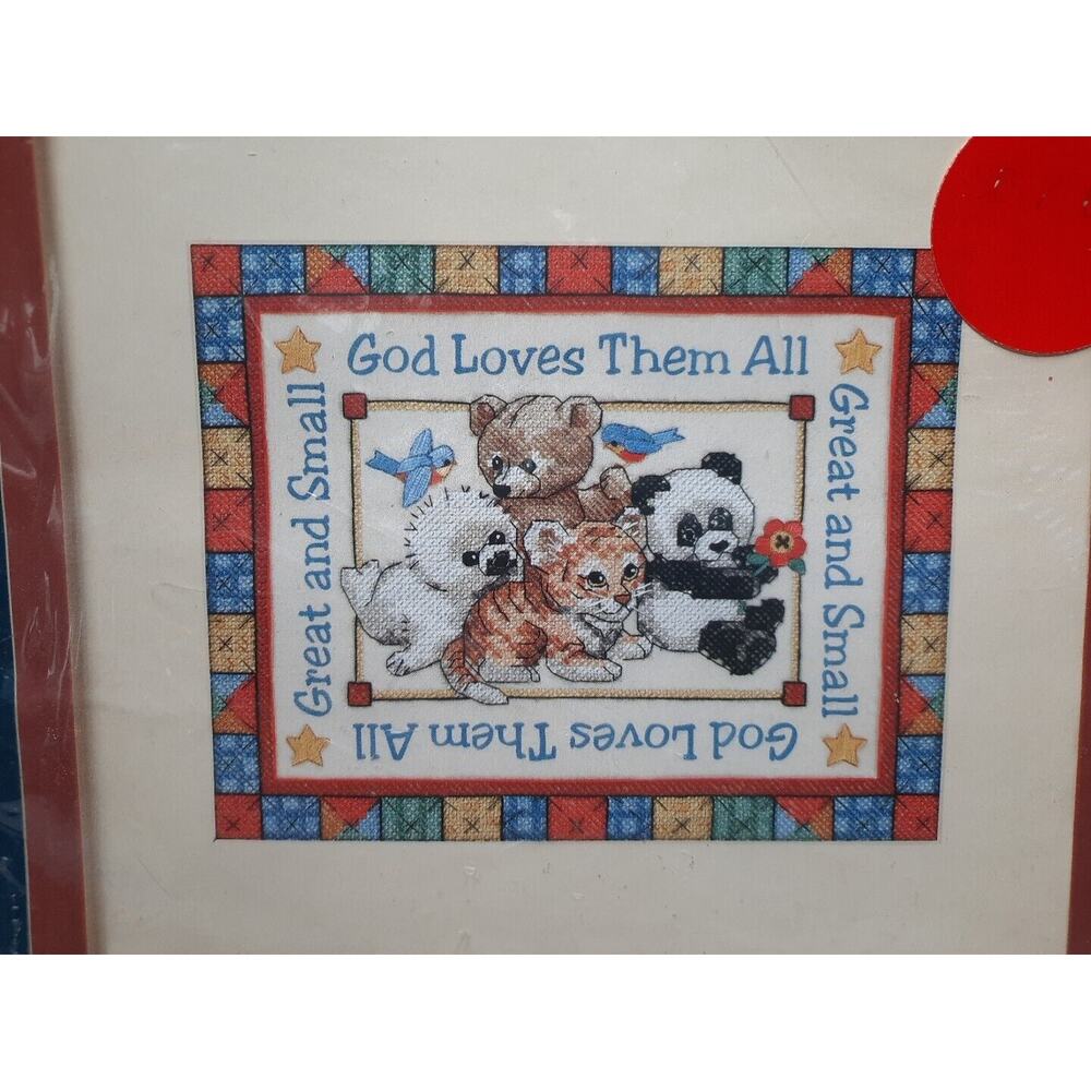 Vtg Dimensions Sunset Stamped Cross Stitch Kit God Loves Them All Baby Animals - Picture 2 of 5